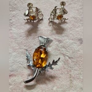 Scottish Thistle Flower, Amber Color Glass Stone Jewelry Set, Vintage